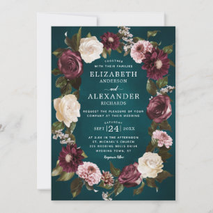 Elegante dunkle, stimmungsvolle florale Teal-Hochz Einladung