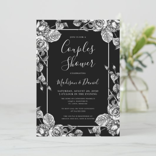 Elegante Dusche Schwarz-weiße Blumenpaare Einladung (Stehend Vorderseite)