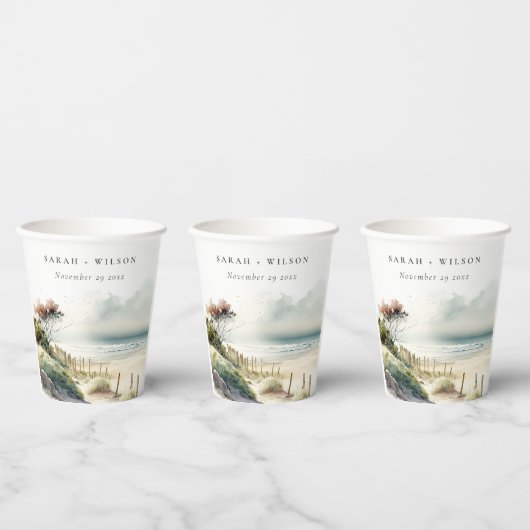 Elegante duskische Küste Sandstrand Hochzeit Pappbecher (Multi)