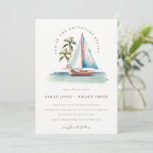 Elegante Dusky Aquamarin Sailboat Palm Seascape We Einladung (Stehend Vorderseite)