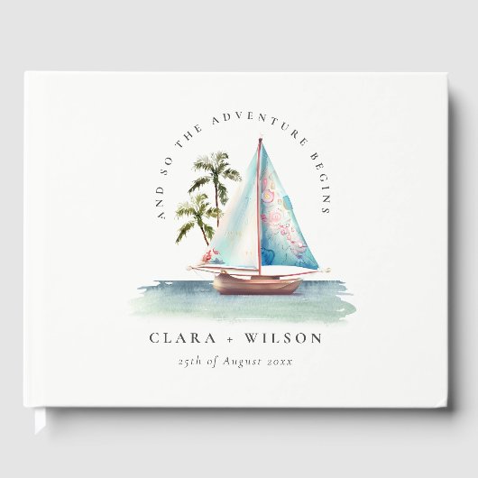 Elegante Dusky Aquamarin Sailboat Palm Seascape We Gästebuch (Vorderseite)