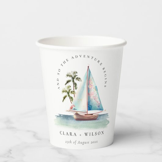 Elegante Dusky Aquamarin Sailboat Palm Seascape We Pappbecher (Rückseite)