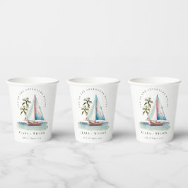 Elegante Dusky Aquamarin Sailboat Palm Seascape We Pappbecher