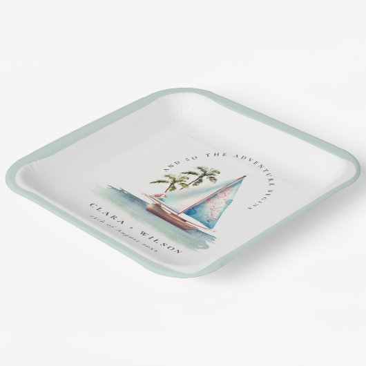 Elegante Dusky Aquamarin Sailboat Palm Seascape We Pappteller (Gewinkelt)