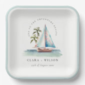 Elegante Dusky Aquamarin Sailboat Palm Seascape We Pappteller (Vorderseite)