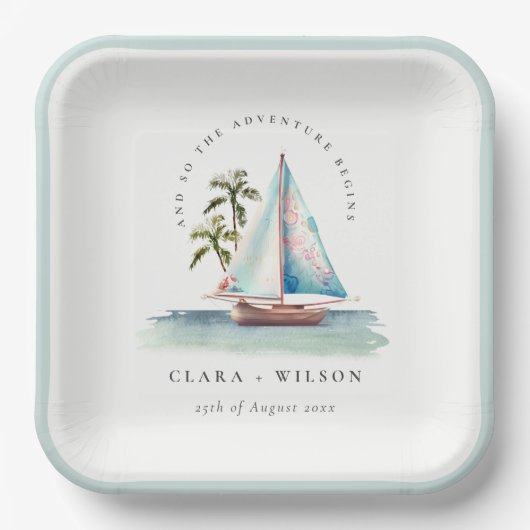 Elegante Dusky Aquamarin Sailboat Palm Seascape We Pappteller (Vorderseite)