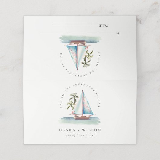 Elegante Dusky Aquamarin Sailboat Palm Seascape We Platzkarte (Außenseite Aufgefaltet)