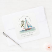Elegante Dusky Aquamarin Sailboat Palm Seascape We Quadratischer Aufkleber (Umschlag)