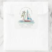 Elegante Dusky Aquamarin Sailboat Palm Seascape We Quadratischer Aufkleber (Tasche)
