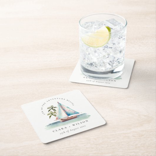 Elegante Dusky Aquamarin Sailboat Palm Seascape We Rechteckiger Pappuntersetzer (Vor Ort)