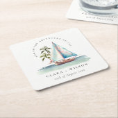 Elegante Dusky Aquamarin Sailboat Palm Seascape We Rechteckiger Pappuntersetzer (angewinkelt)