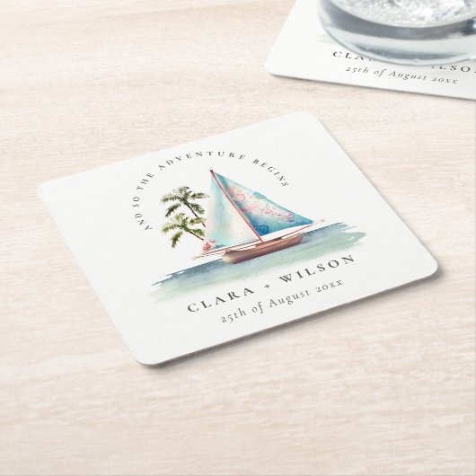 Elegante Dusky Aquamarin Sailboat Palm Seascape We Rechteckiger Pappuntersetzer (angewinkelt)