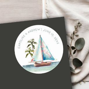 Elegante Dusky Aquamarin Sailboat Palm Seascape We Runder Aufkleber