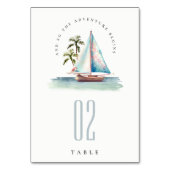 Elegante Dusky Aquamarin Sailboat Palm Seascape We Tischnummer (Vorderseite)