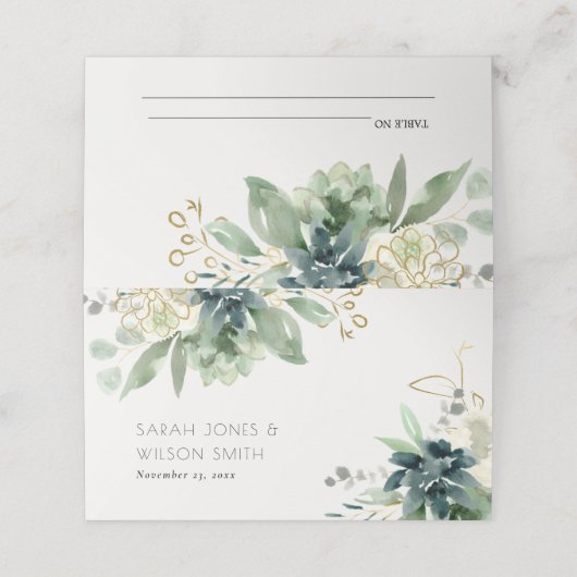 Elegante dusky Blue Green Succulent Foliage Weddin Platzkarte (Außenseite Aufgefaltet)