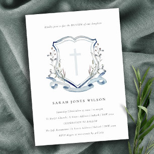 Elegante dusky Blue Wildblume Cross Wappen Taufe Einladung