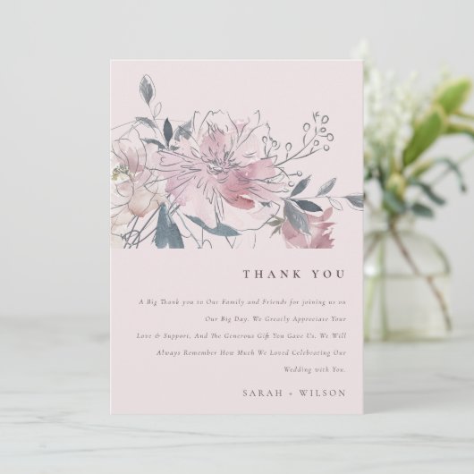 Elegante dusky Blush Wasserfarbe Blumenzwiese Dankeskarte (Stehend Vorderseite)