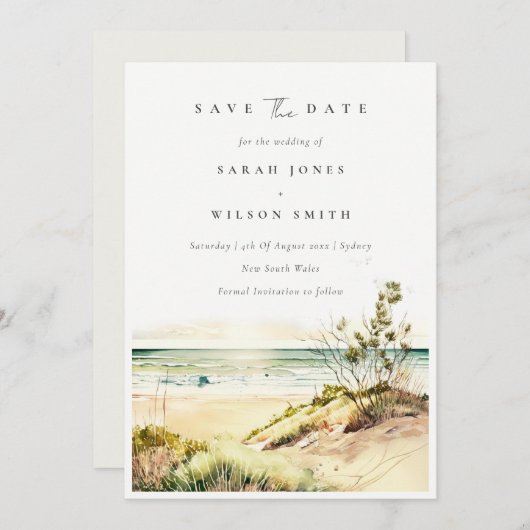 Elegante Dusky Coastal Beach Sand Sun Seascape Save The Date (Vorne/Hinten)