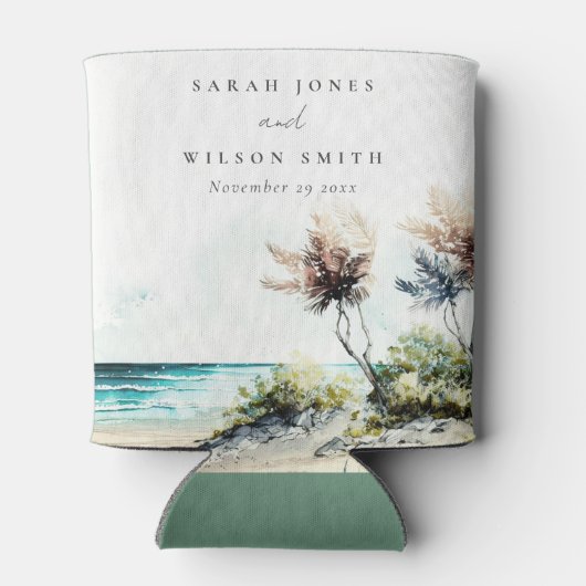 Elegante dusky Coastal Palm Beach Seascape Wedding Dosenkühler (Rückseite)