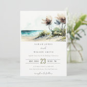Elegante dusky Coastal Palm Beach Seascape Wedding Einladung (Stehend Vorderseite)