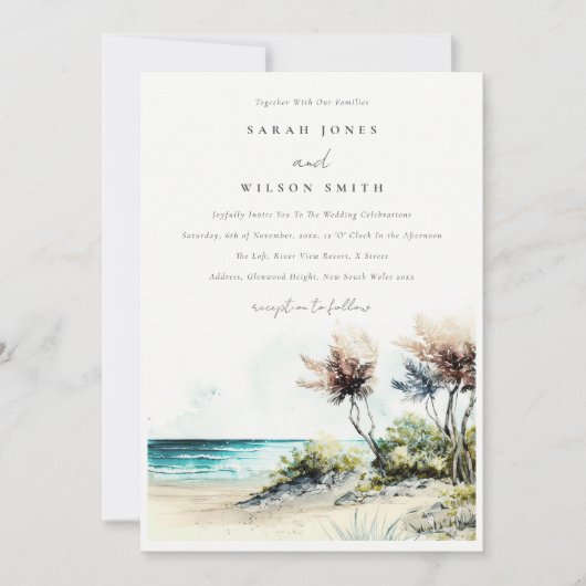 Elegante dusky Coastal Palm Beach Seascape Wedding Einladung (Vorderseite)