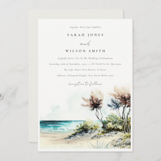 Elegante dusky Coastal Palm Beach Seascape Wedding Einladung (Vorne/Hinten)