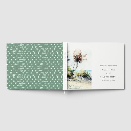 Elegante dusky Coastal Palm Beach Seascape Wedding Gästebuch (Voll)