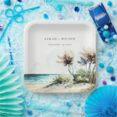 Elegante dusky Coastal Palm Beach Seascape Wedding Pappteller (Party)