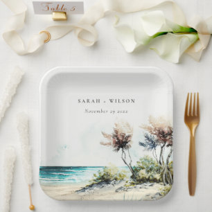 Elegante dusky Coastal Palm Beach Seascape Wedding Pappteller
