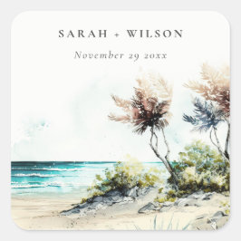 Elegante dusky Coastal Palm Beach Seascape Wedding Quadratischer Aufkleber