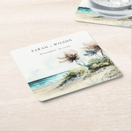 Elegante dusky Coastal Palm Beach Seascape Wedding Rechteckiger Pappuntersetzer