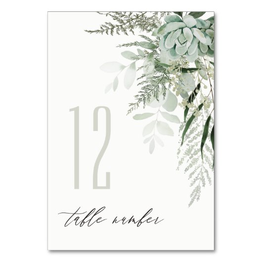 Elegante dusky Leafy Fern Succulent Wedding Tischnummer (Rückseite)