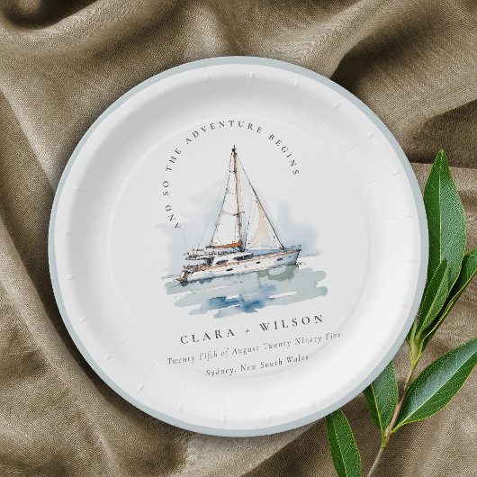 Elegante Dusky Sailboat Seascape Wedding Pappteller