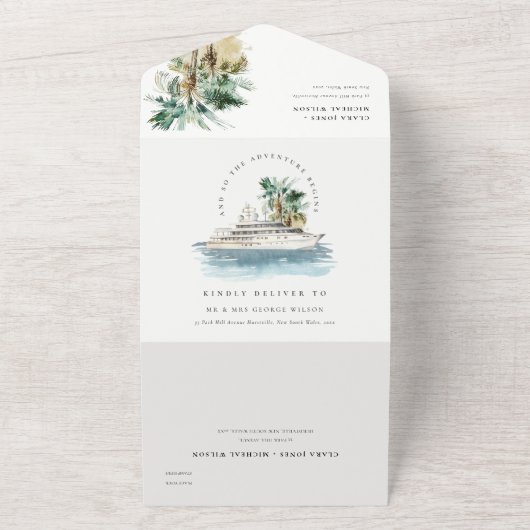Elegante Dusky Schifffahrt Palm Seascape Hochzeit All In One Einladung (Außenbereich)