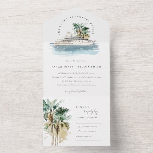 Elegante Dusky Schifffahrt Palm Seascape Hochzeit All In One Einladung (Innen Boden)