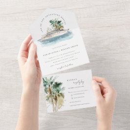 Elegante Dusky Schifffahrt Palm Seascape Hochzeit All In One Einladung