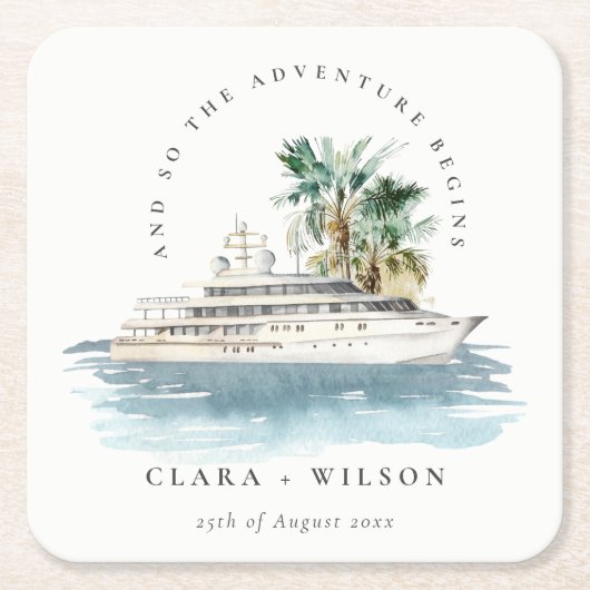 Elegante Dusky Schifffahrt Palm Seascape Hochzeit Rechteckiger Pappuntersetzer (Vorderseite)