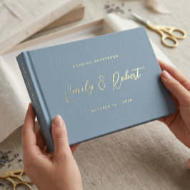 Elegante Dusty Blue and Gold Calligraphy Wedding Gästebuch