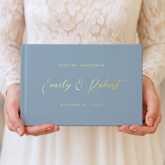 Elegante Dusty Blue and Gold Calligraphy Wedding Gästebuch