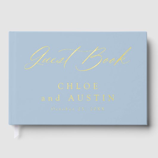 Elegante Dusty Blue and Gold Calligraphy Wedding Gästebuch (Vorderseite)