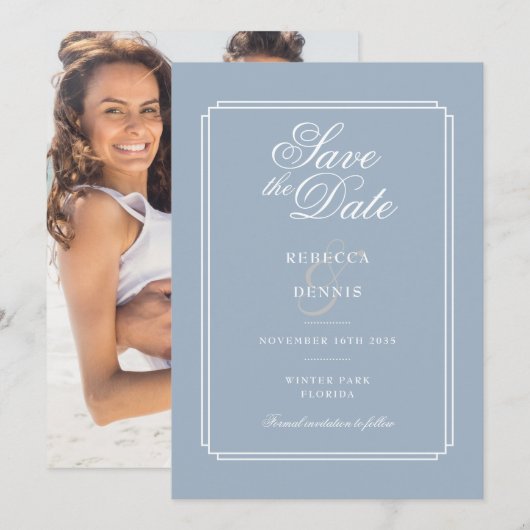 Elegante Dusty Blue Art Deco Foto Hochzeit Save The Date (Vorne/Hinten)