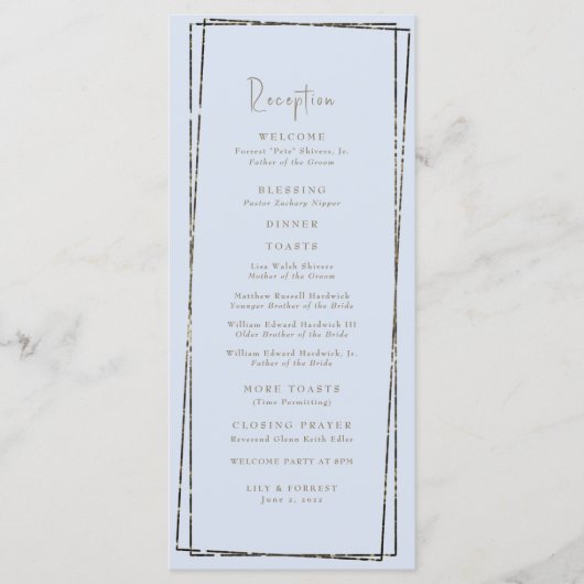 Elegante Dusty Blue Empfang Wedding Toasts Menükarte (Vorderseite)