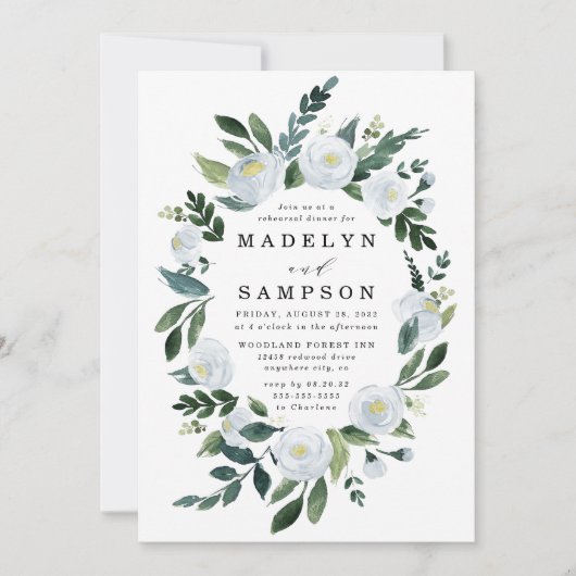 Elegante Dusty Blue Floral Garden Probe Abendessen Einladung (Vorderseite)