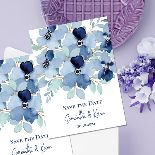 Elegante Dusty Blue Floral Save the Date Card