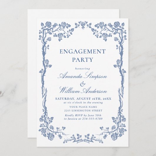 Elegante Dusty Blue French Garden ENGAGEMENT PARTY Einladung (Vorne/Hinten)