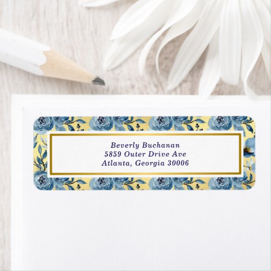 Elegante Dusty Blue Gold Floral Rose Rücksendeadre (Insitu)