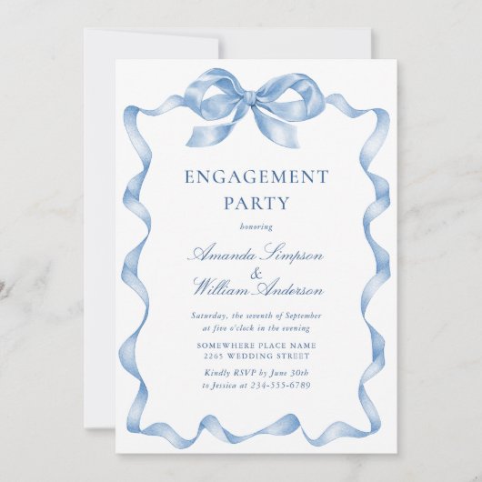 Elegante Dusty Blue Hand Drawn Bow Engagement Part Einladung (Vorderseite)
