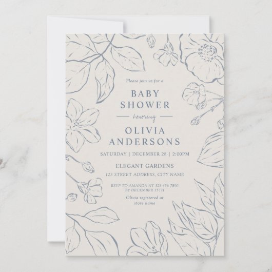 Elegante Dusty Blue Line Art Botanische Babydusche Einladung (Vorderseite)