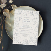 Elegante Dusty Blue Line Art Botanische Babydusche Einladung