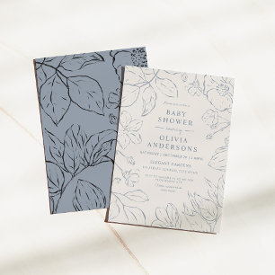 Elegante Dusty Blue Line Art Botanische Babydusche Einladung